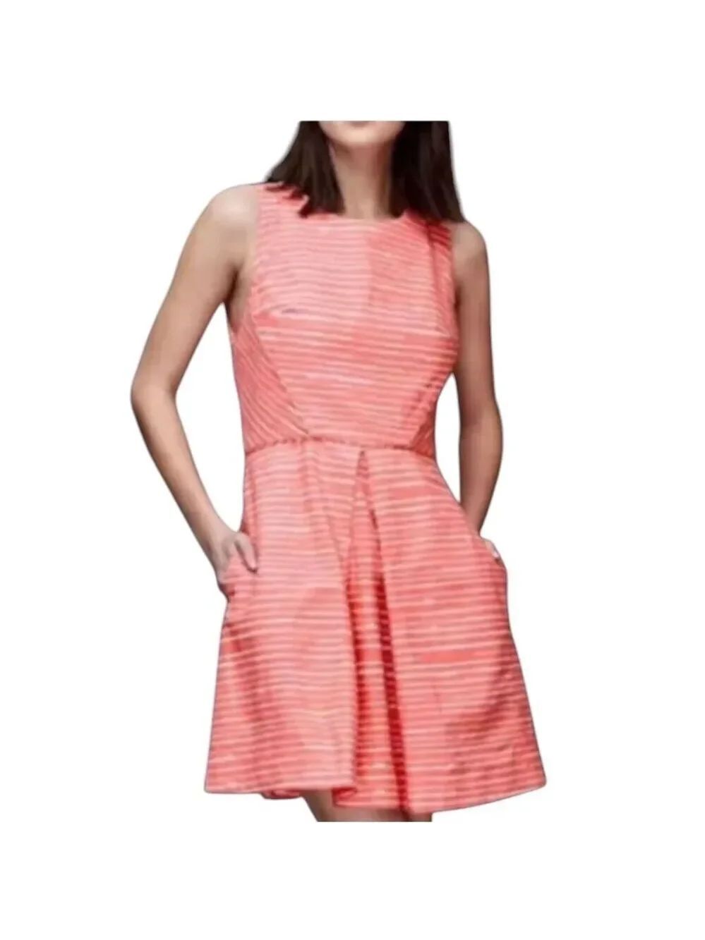 Gap Striped Fit & Flare Sleeveless Crew Neck Above Knee Dress Color Coral Size 8